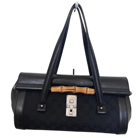 GUCCI Bamboo Bullet Bag - Black Canvas and Leather w/ Silver-tone Hardware - Picture 5 of 13